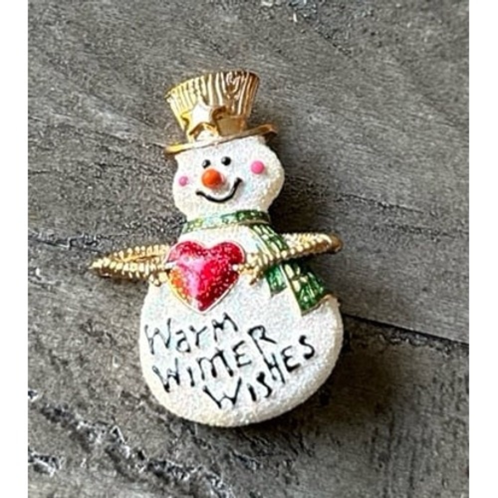 Vintage enamel snowman "Warm Wishes" holiday brooch